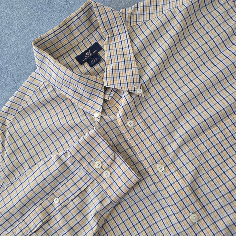 Brooks Brothers 346 Mens XL Yellow Blue Plaid Non-Iron Cotton Button Down Shirt